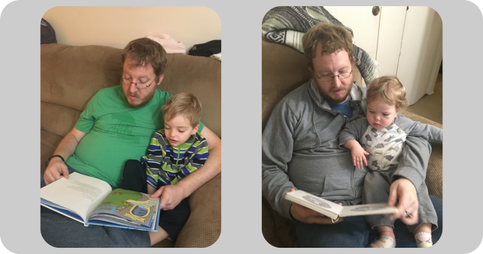 Reading to my son (left) and my daughter (right).