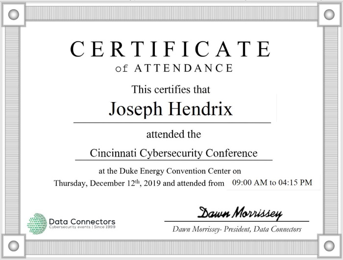 The 2019 Cincinnati Cybersecurity Conference Certificate of Attendance