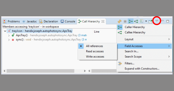 The field access filter in the Call Hierarchy window.