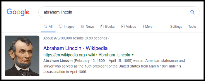 Screenshot of a Google Search for Abraham Lincoln.