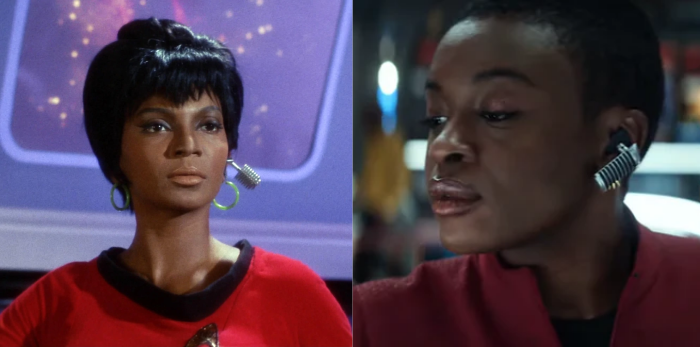 Left: Nichelle Nichols as Uhura; Right: Celia Rose Gooding as Uhura