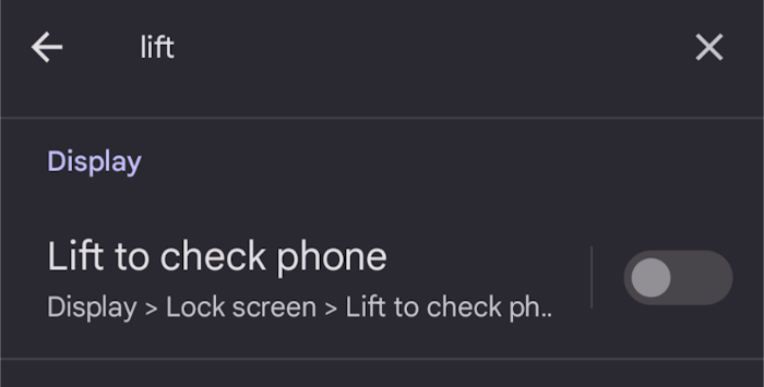 screenshot of searching for "lift" under settings