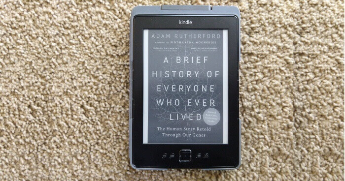 The cover of A Brief History of Everyone Who Ever Lived on my thrift-store-bought Kindle.