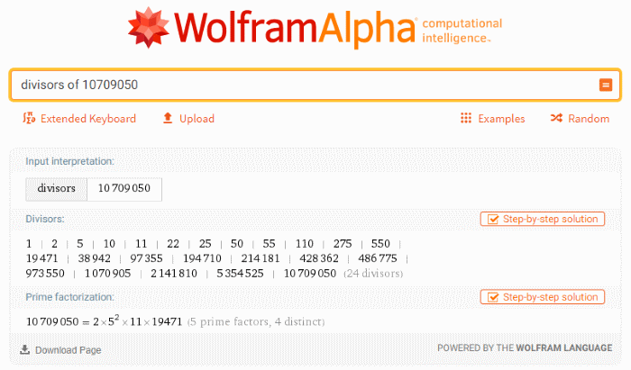 Screenshot of the Wolfram|Alpha results for divisors of 10,709,050