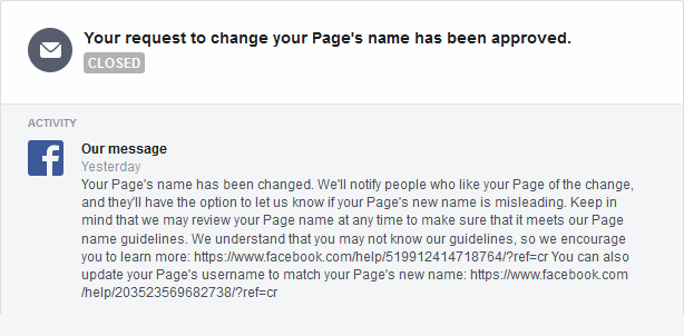 The message from Facebook approving the name change.