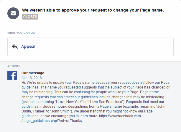 The message from Facebook rejecting the name change.