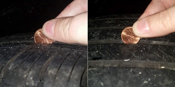 Comparing the front and rear tires with a penny.
